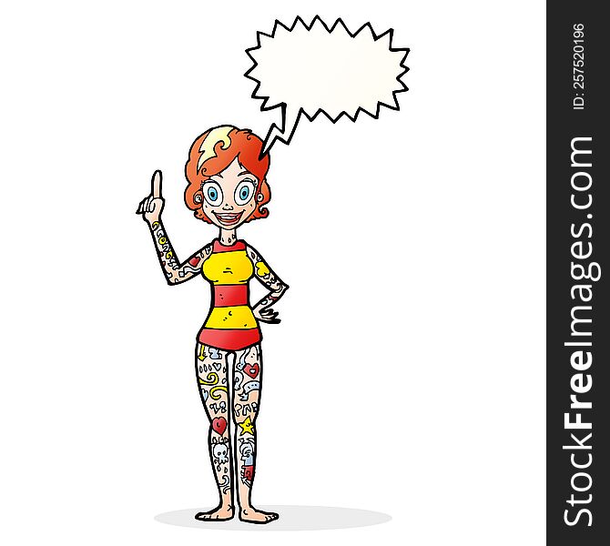 cartoon woman covered in tattoos with speech bubble