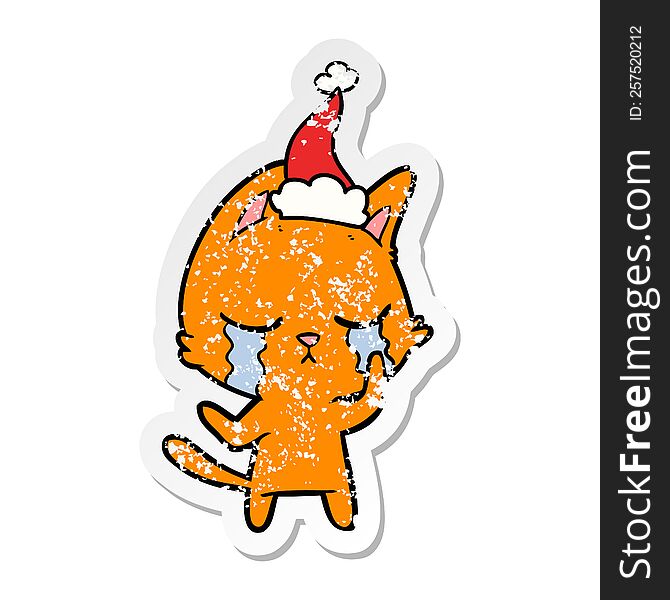 Crying Distressed Sticker Cartoon Of A Cat Wearing Santa Hat