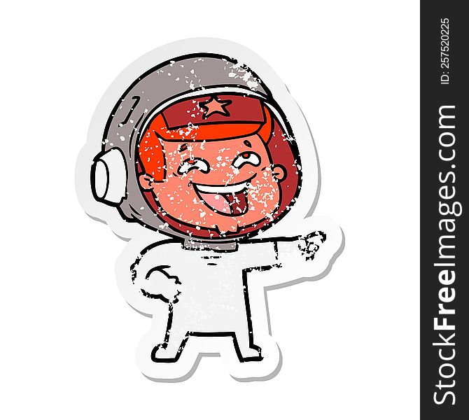Distressed Sticker Of A Cartoon Laughing Astronaut