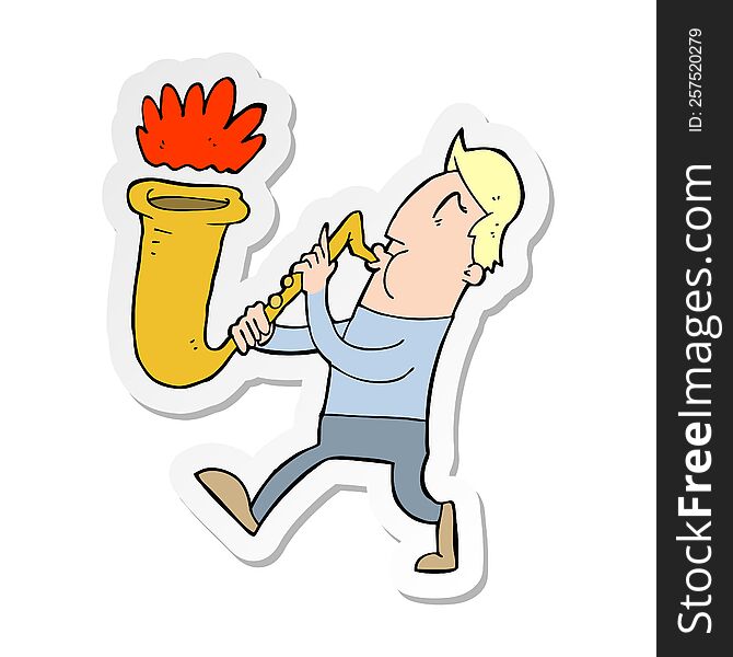 Sticker Of A Cartoon Man Blowing Saxophone