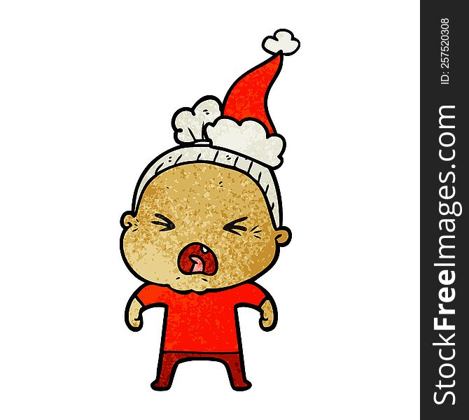 hand drawn textured cartoon of a angry old woman wearing santa hat