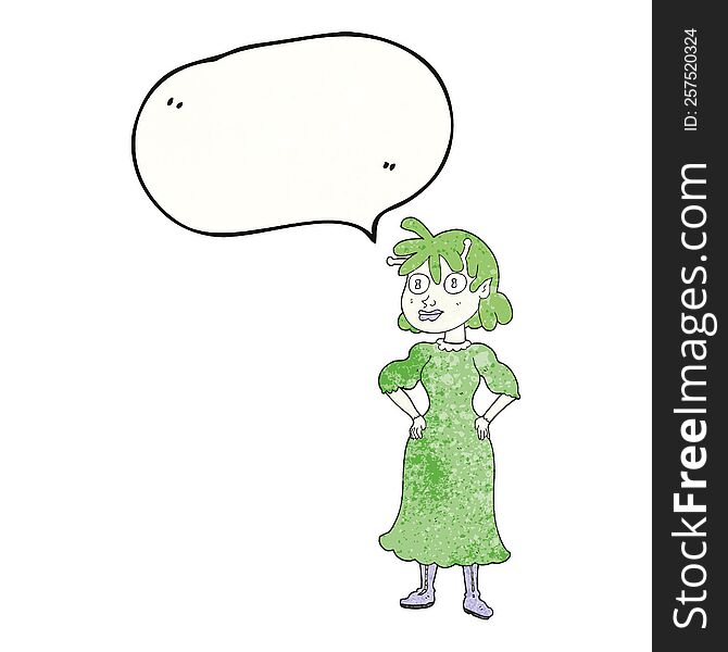 freehand speech bubble textured cartoon alien woman