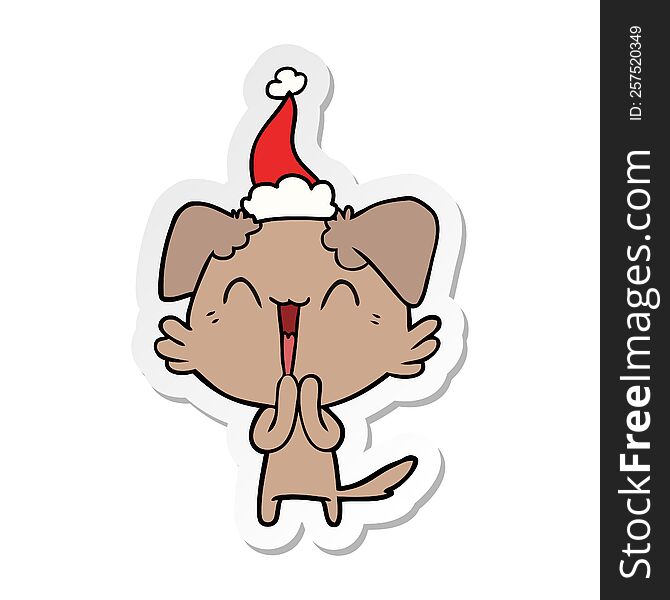 Laughing Little Dog Sticker Cartoon Of A Wearing Santa Hat