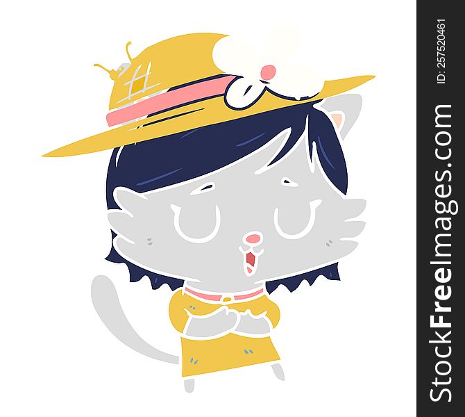 Flat Color Style Cartoon Cat Wearing Summer Hat