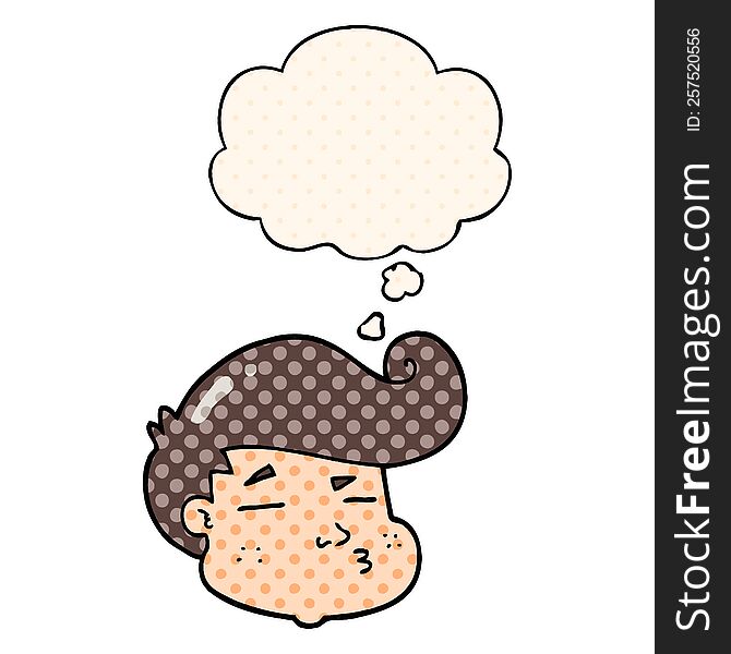 cartoon boy\'s face with thought bubble in comic book style