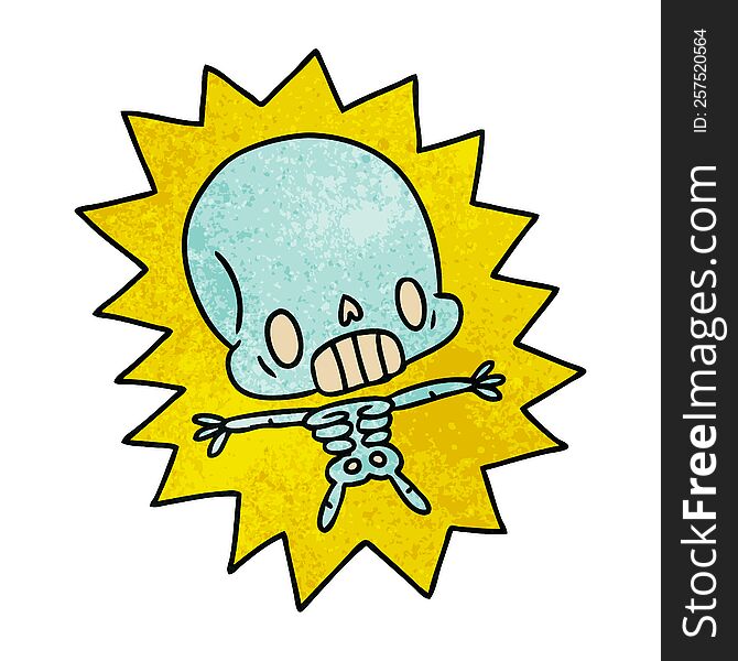 textured cartoon illustration kawaii electrocuted skeleton. textured cartoon illustration kawaii electrocuted skeleton