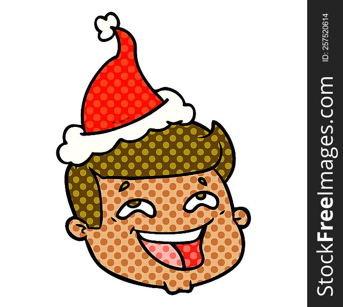 Happy Comic Book Style Illustration Of A Male Face Wearing Santa Hat