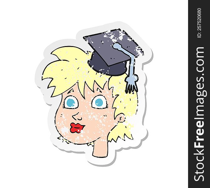 retro distressed sticker of a cartoon graduate woman