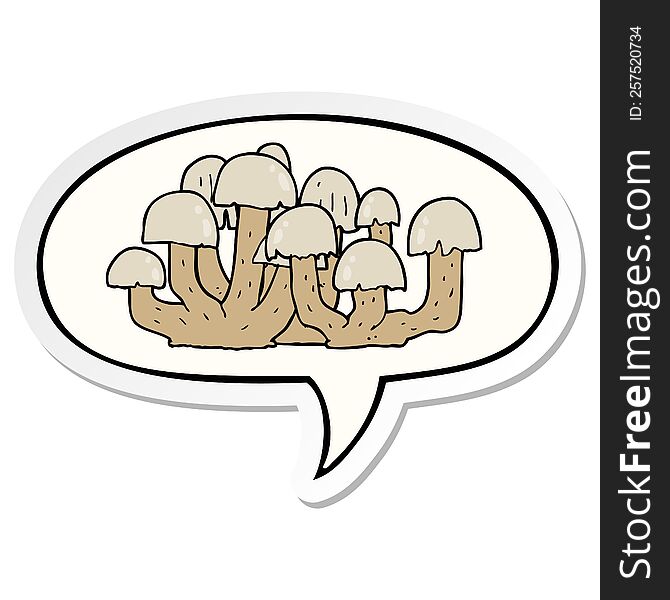 cartoon mushroom with speech bubble sticker. cartoon mushroom with speech bubble sticker