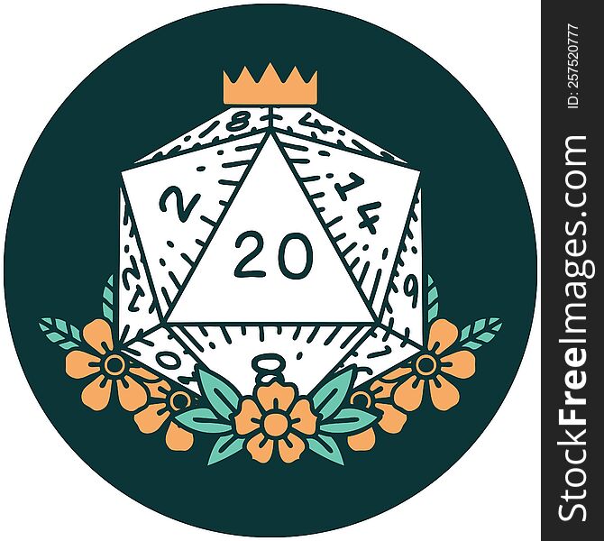icon of natural 20 D20 dice roll with floral elements. icon of natural 20 D20 dice roll with floral elements
