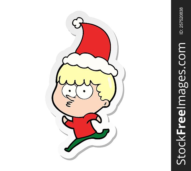 hand drawn sticker cartoon of a curious boy running wearing santa hat