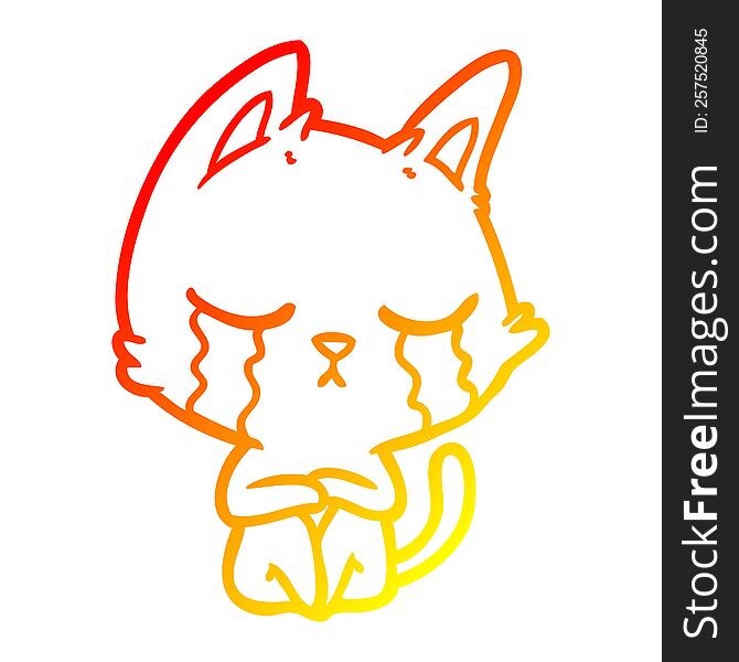 warm gradient line drawing of a crying cartoon cat sitting