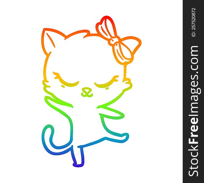 Rainbow Gradient Line Drawing Cute Cartoon Cat With Bow