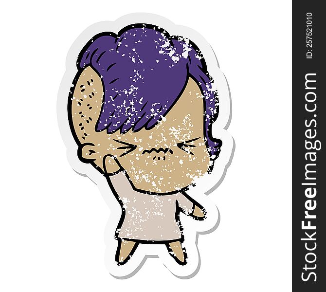 distressed sticker of a cartoon annoyed hipster girl