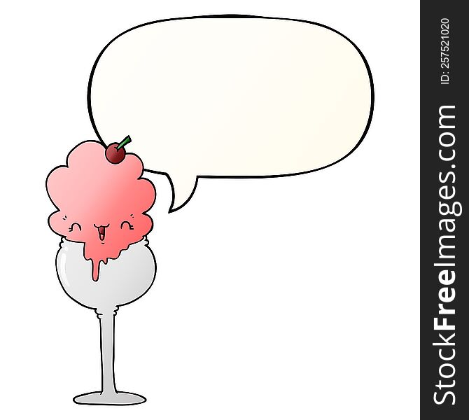 Cute Cartoon Ice Cream Desert And Speech Bubble In Smooth Gradient Style