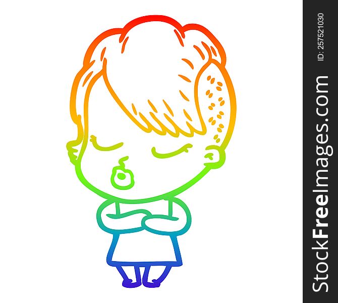 rainbow gradient line drawing of a cartoon pretty hipster girl