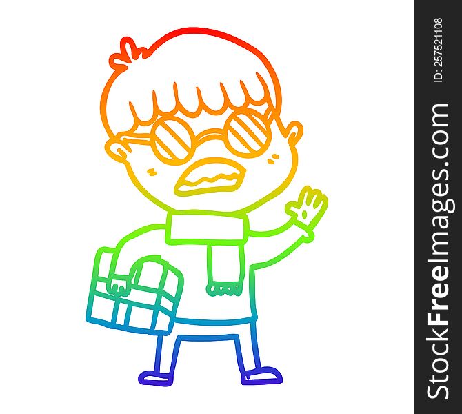rainbow gradient line drawing of a cartoon boy holding gift and wearing spectacles