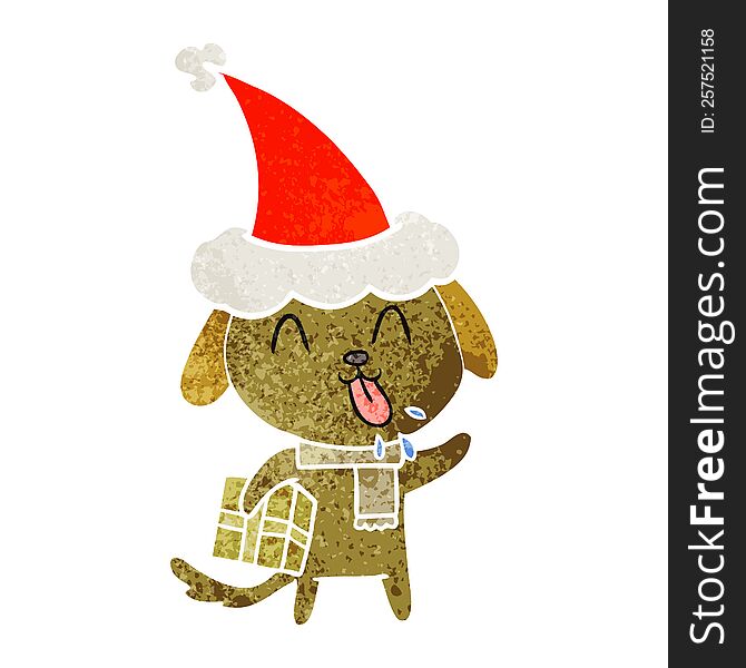 cute hand drawn retro cartoon of a dog with christmas present wearing santa hat