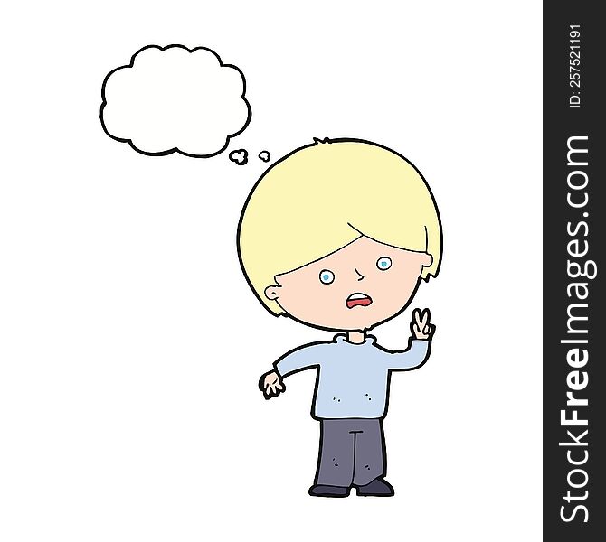 cartoon unhappy boy giving peace sign with thought bubble