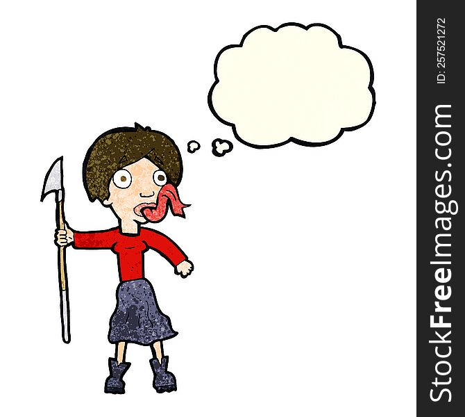 cartoon woman with spear sticking out tongue with thought bubble