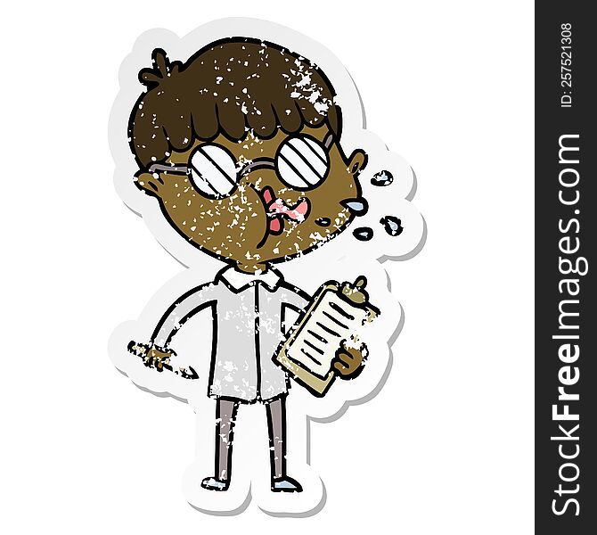 distressed sticker of a cartoon boy wearing spectacles with clip board