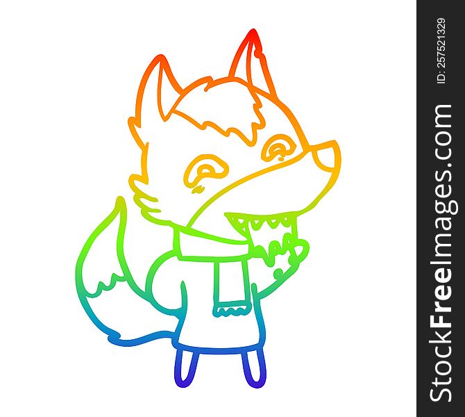 Rainbow Gradient Line Drawing Cartoon Hungry Wolf In Winter Clothes