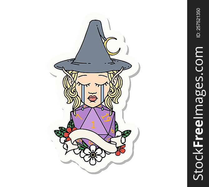 sticker of a crying elf mage character face with natural one D20 roll. sticker of a crying elf mage character face with natural one D20 roll