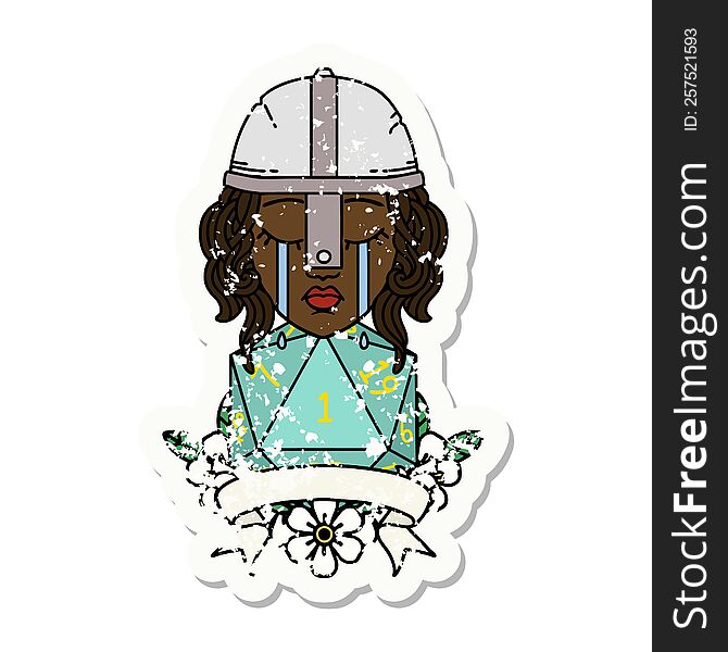 Crying Human Fighter With Natural One D20 Dice Illustration