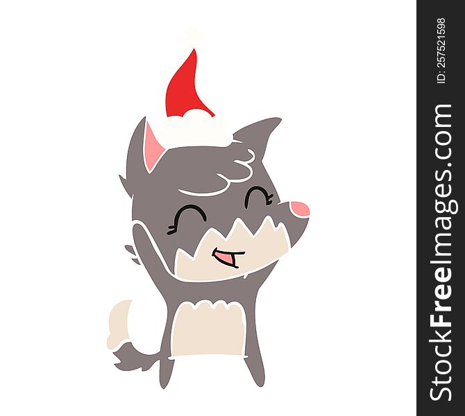 happy hand drawn flat color illustration of a fox wearing santa hat. happy hand drawn flat color illustration of a fox wearing santa hat