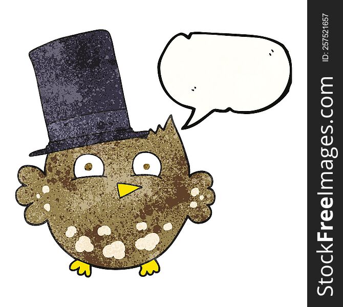 freehand speech bubble textured cartoon little owl with top hat