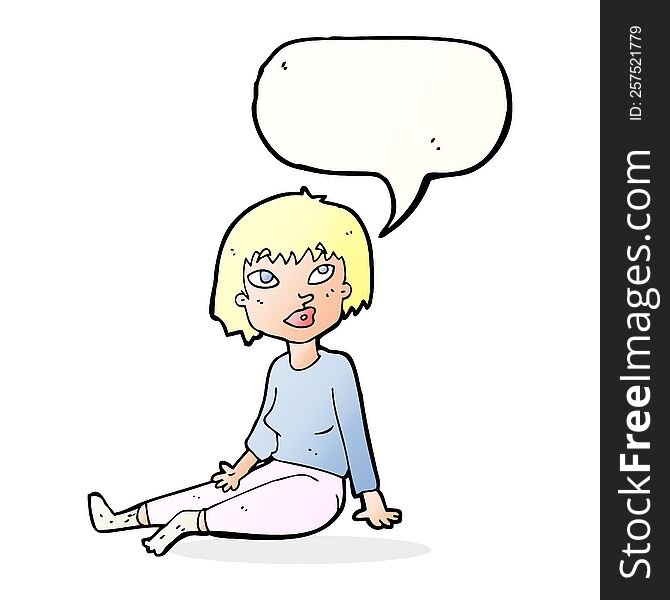 cartoon woman sitting on floor with speech bubble