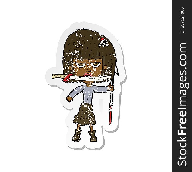 Retro Distressed Sticker Of A Cartoon Woman With Knife And Harpoon