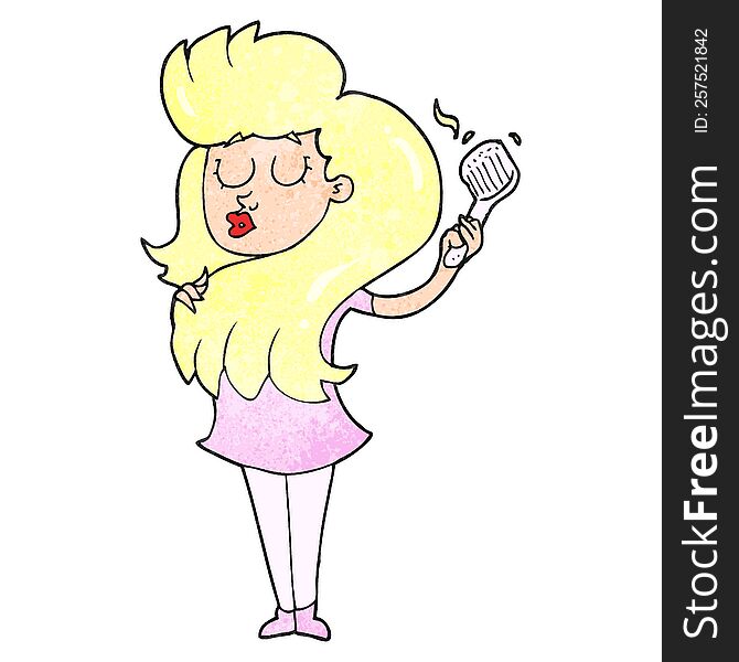 freehand textured cartoon woman brushing hair