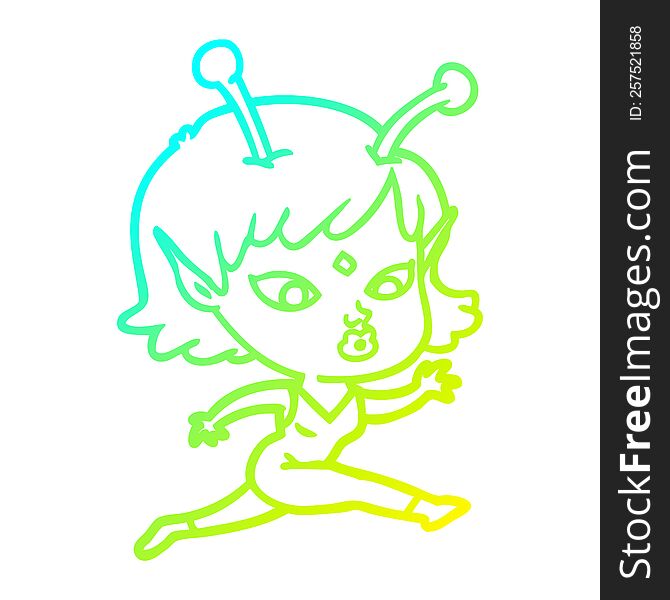 Cold Gradient Line Drawing Pretty Cartoon Alien Girl Running