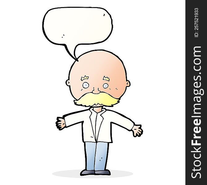 cartoon bald man with open arms with speech bubble