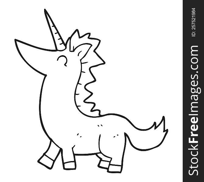freehand drawn black and white cartoon unicorn