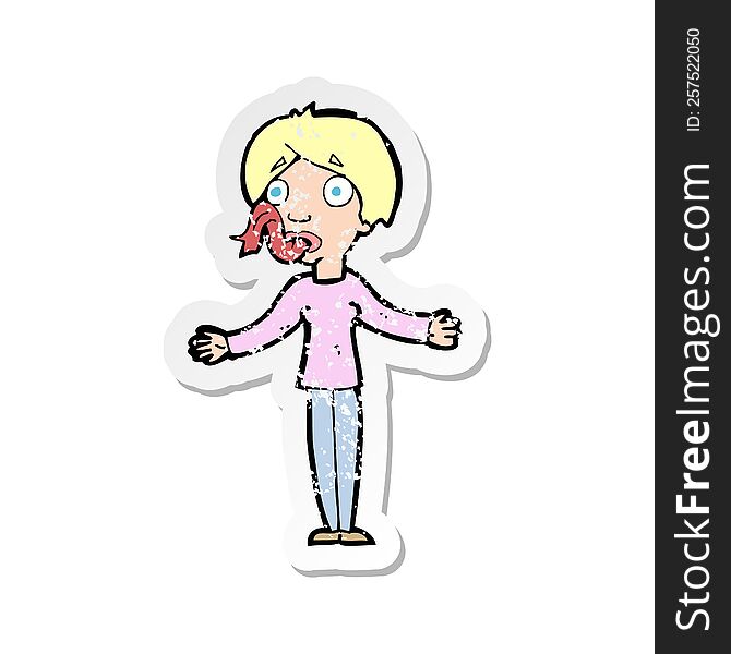 retro distressed sticker of a cartoon woman telling lies