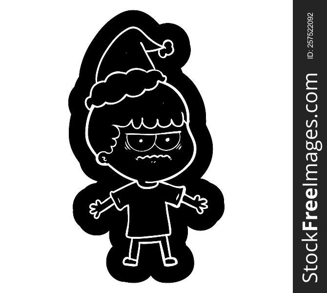 quirky cartoon icon of a angry man wearing santa hat