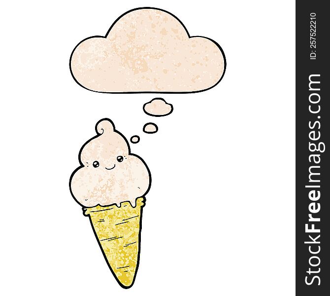 cartoon ice cream and thought bubble in grunge texture pattern style