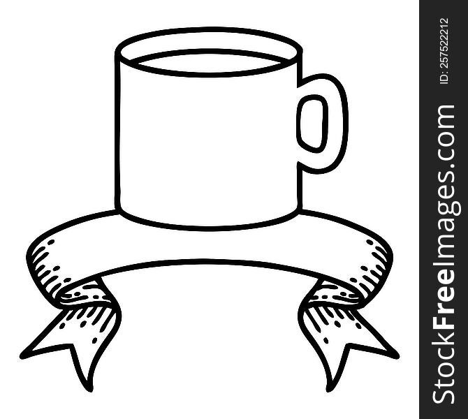 traditional black linework tattoo with banner of cup of coffee