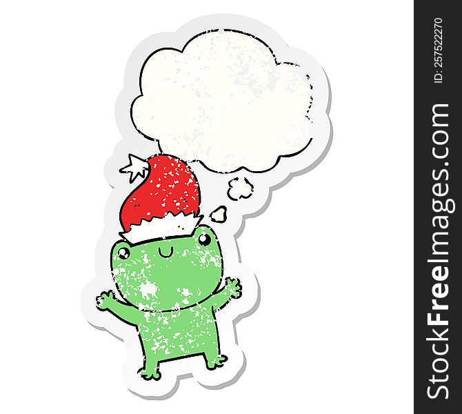 Cute Cartoon Frog Wearing Christmas Hat And Thought Bubble As A Distressed Worn Sticker
