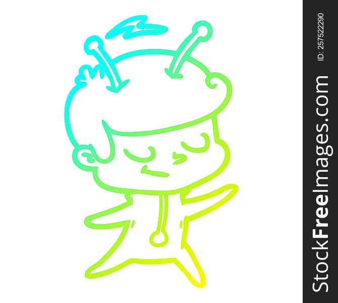 cold gradient line drawing of a friendly cartoon spaceman dancing