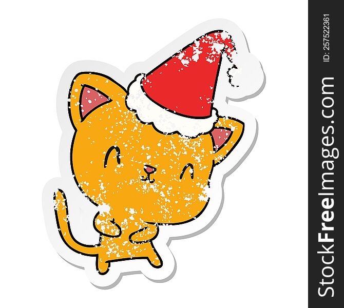 hand drawn christmas distressed sticker cartoon of kawaii cat