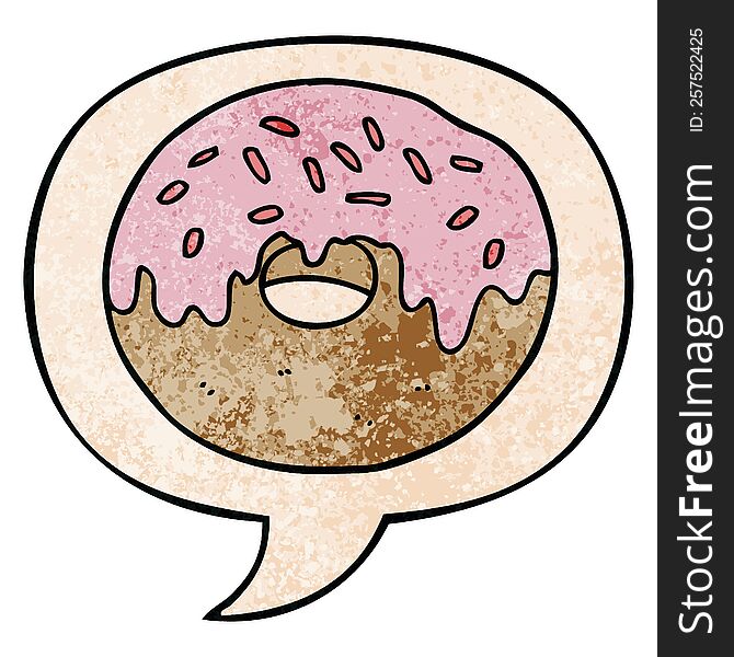 cartoon donut with speech bubble in retro texture style