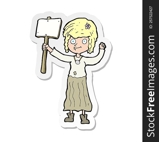 Sticker Of A Cartoon Hippie Girl With Protest Sign