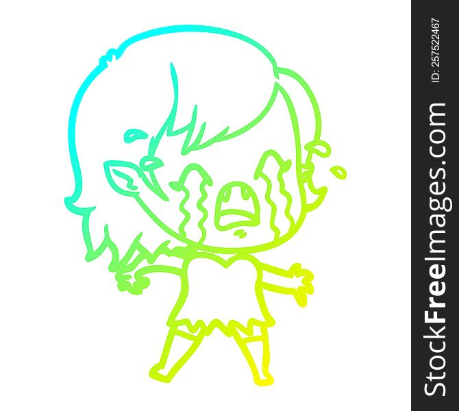 Cold Gradient Line Drawing Cartoon Crying Vampire Girl