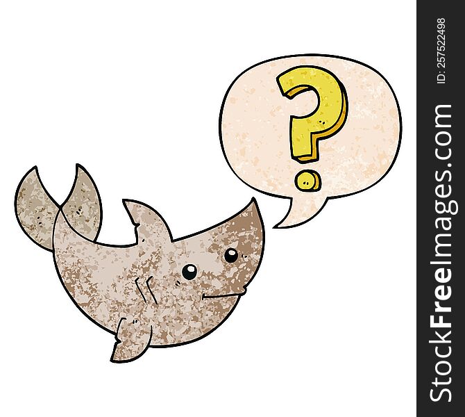 cartoon shark asking question and speech bubble in retro texture style