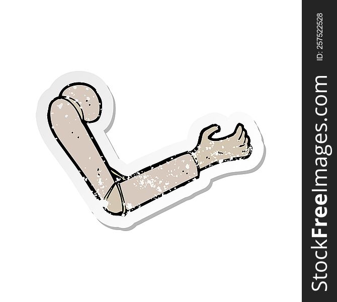 retro distressed sticker of a cartoon prosthetic arm