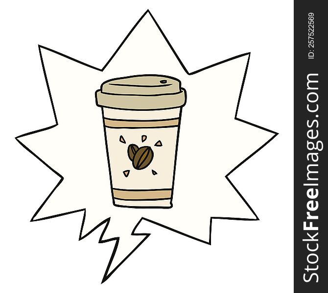 cartoon cup of takeout coffee with speech bubble