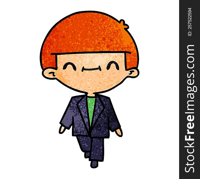 freehand drawn textured cartoon of cute kawaii boy in suit